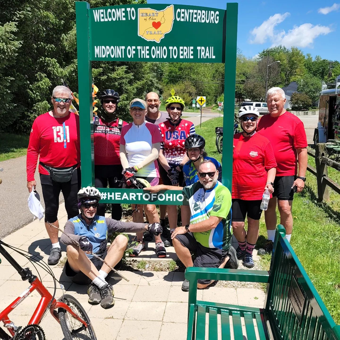 The Outdoor Pursuits Ohio to Erie Trail tour passed through the midpoint of the OTET at Centerburg today. They are halfway to Cleveland. They asked me to join them in their halfway there photo. #OH2ERIE #heartofohiotrail #centerburgohio